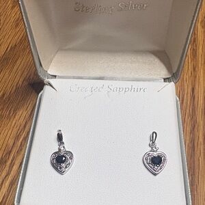Sterling Silver Heart Sapphire Drop Earrings - Blue